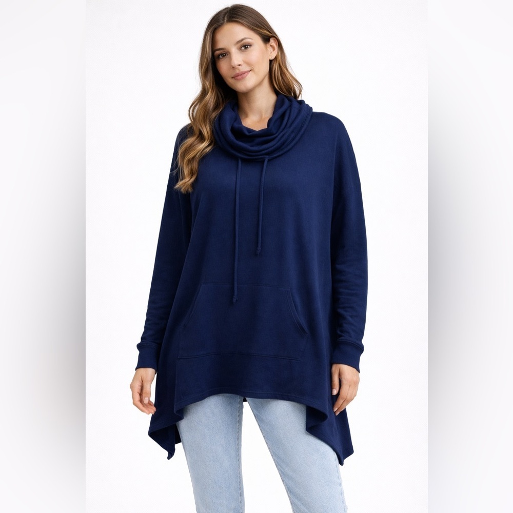 OVERSIZED PAPILLON Blue Cowl Neck Sweater kangaroo pocket NWT